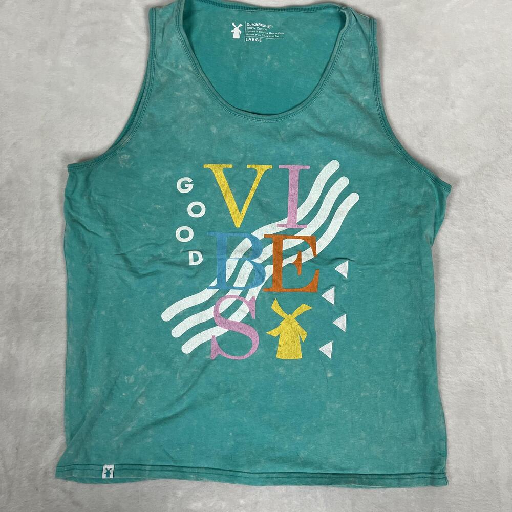 Dutch Bros Coffee Tank Top Size Large Green Good Vibes Logo Summer Graphic Tee